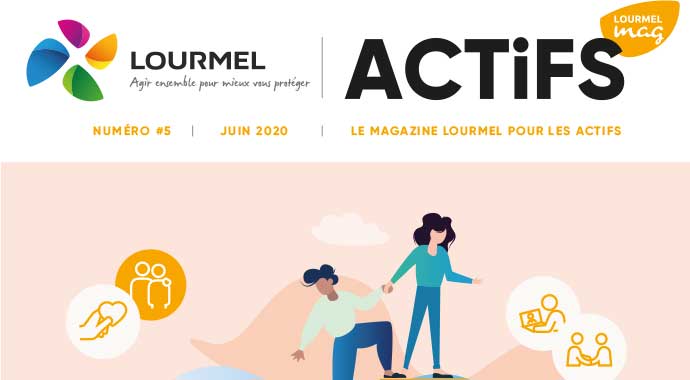 Couverture magazine des actifs - juin 2020, infographie représentant l'entraide entre plusieurs personnes